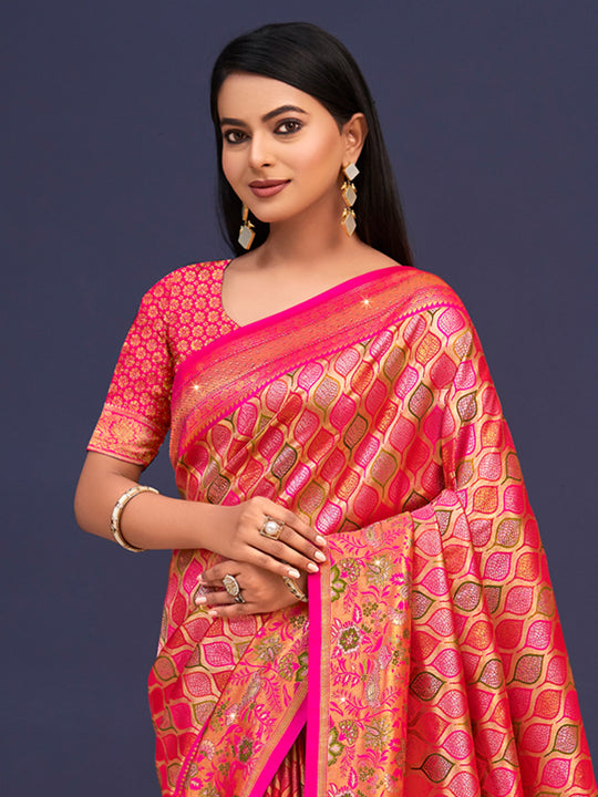 Pink Banarasi Silk Saree With Blouse Piece