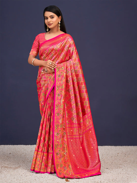 Pink Banarasi Silk Saree With Blouse Piece