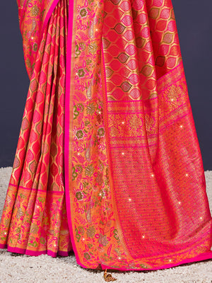Pink Banarasi Silk Saree With Blouse Piece