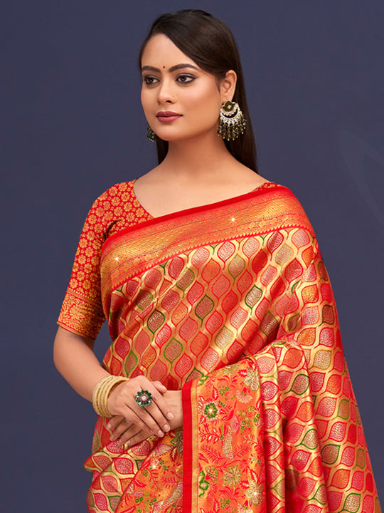 Orange Banarasi Silk Saree With Blouse Piece