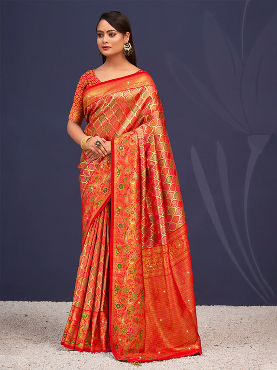 Orange Banarasi Silk Saree With Blouse Piece