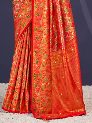 Orange Banarasi Silk Saree With Blouse Piece