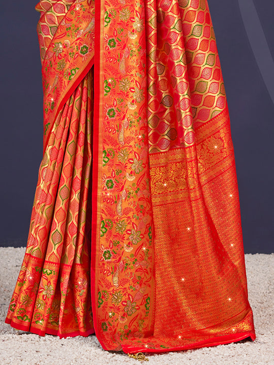 Orange Banarasi Silk Saree With Blouse Piece