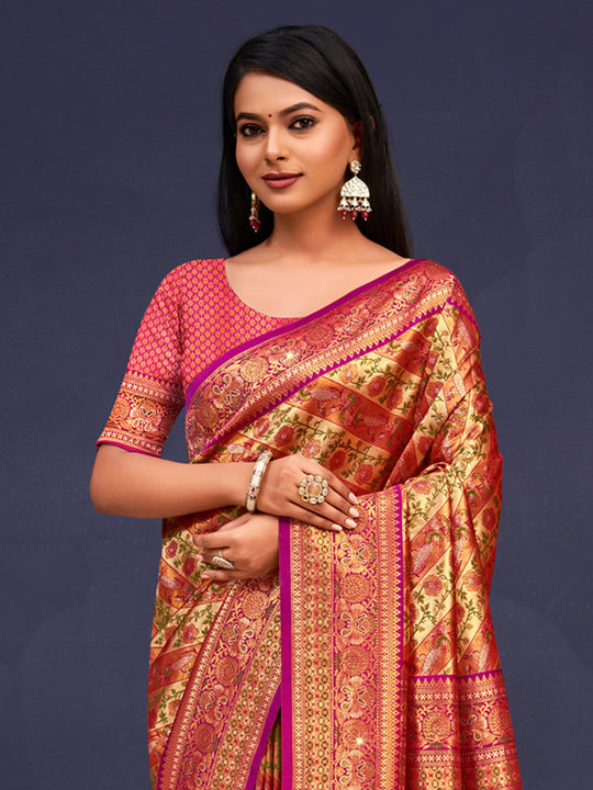 Yellow Banarasi Silk Saree With Blouse Piece