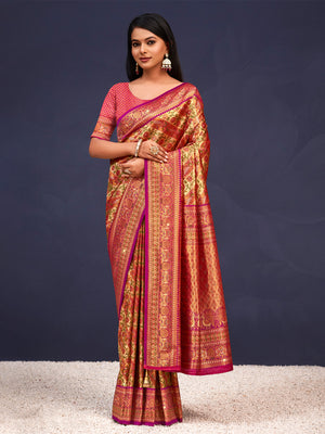 Yellow Banarasi Silk Saree With Blouse Piece