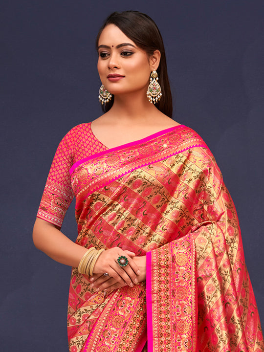 Pink Banarasi Silk Saree With Blouse Piece