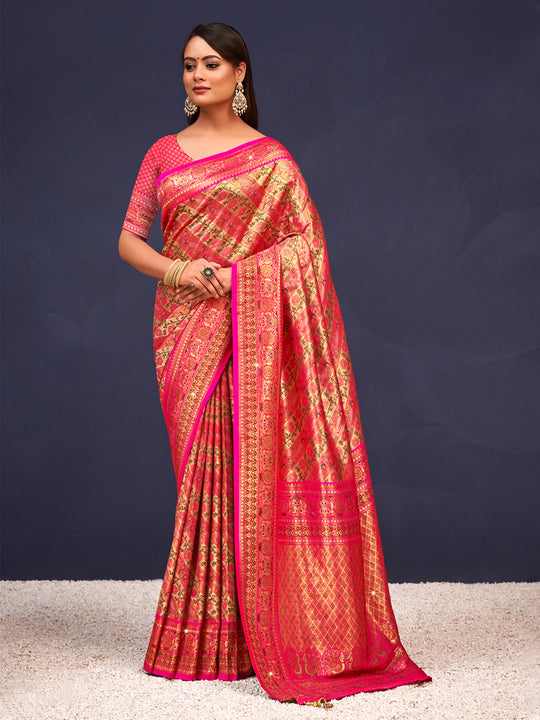 Pink Banarasi Silk Saree With Blouse Piece