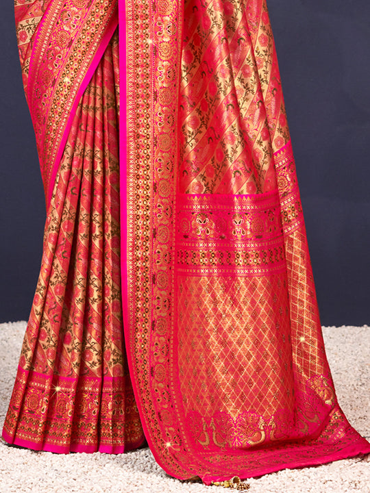 Pink Banarasi Silk Saree With Blouse Piece