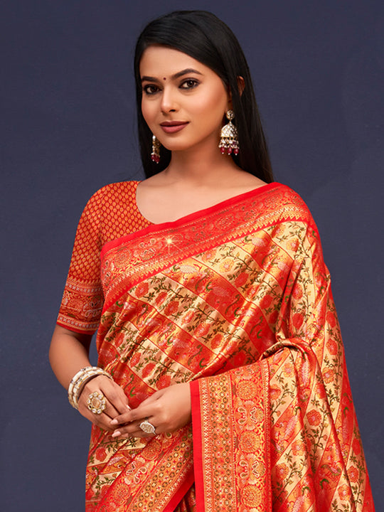 Red Banarasi Silk Saree With Blouse Piece