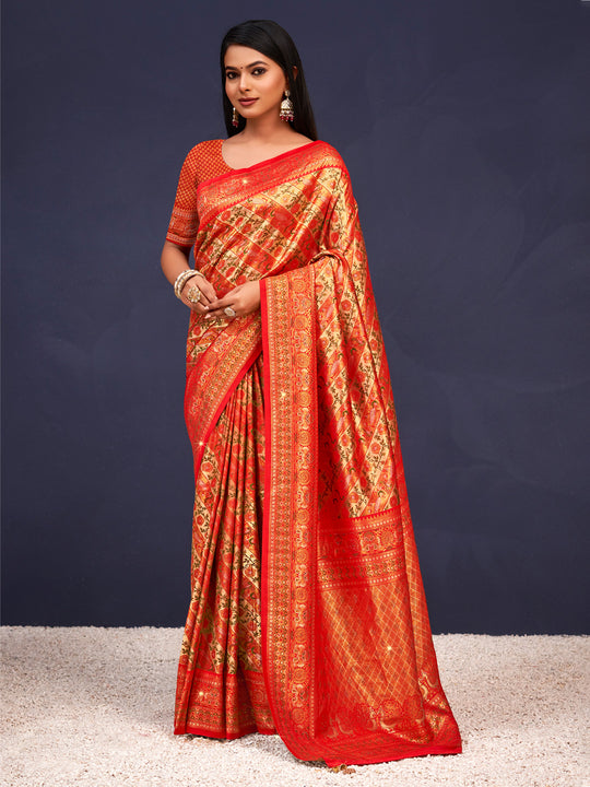Red Banarasi Silk Saree With Blouse Piece
