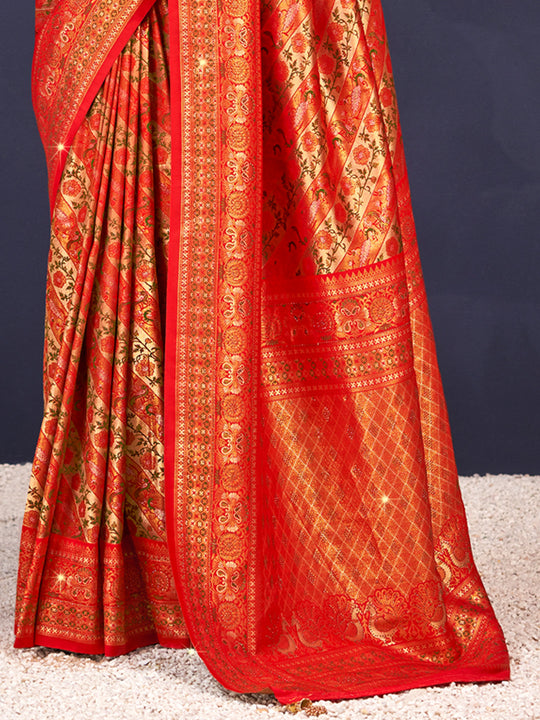 Red Banarasi Silk Saree With Blouse Piece