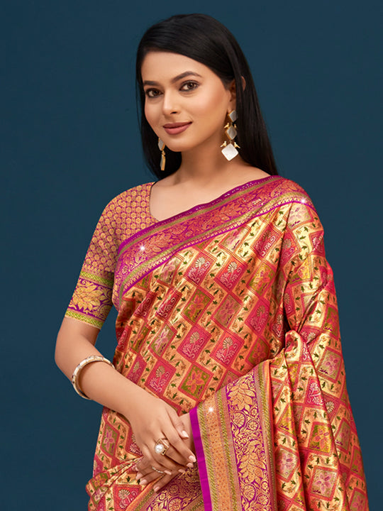Wine Banarasi Silk Saree With Blouse Piece