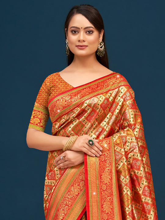 Red Banarasi Silk Saree With Blouse Piece