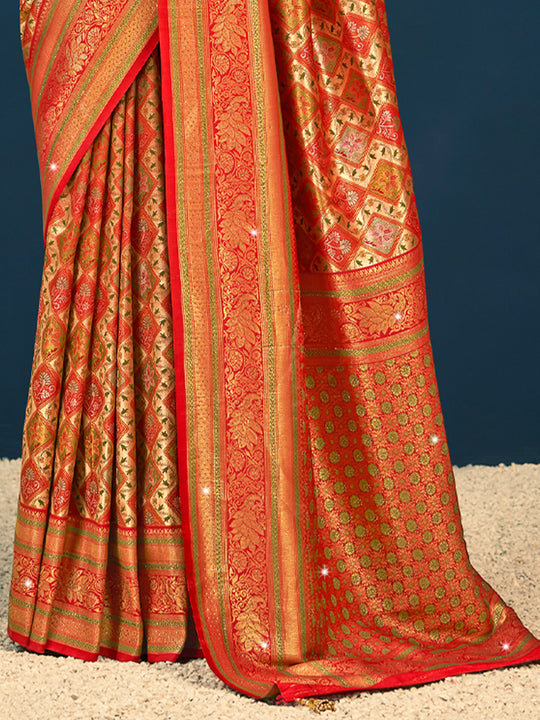 Red Banarasi Silk Saree With Blouse Piece