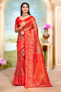 Red Banarasi Silk Saree With Blouse Piece