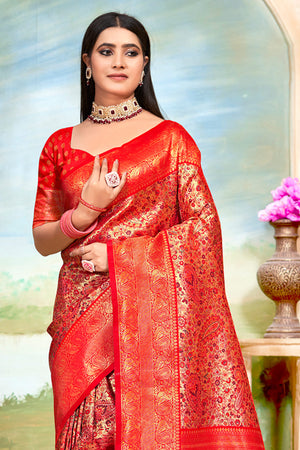 Red Banarasi Silk Saree With Blouse Piece