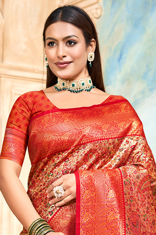 Maroon Banarasi Silk Saree With Blouse Piece