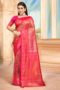 Pink Banarasi Silk Saree With Blouse Piece