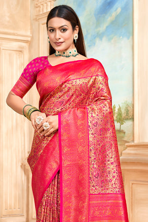 Pink Banarasi Silk Saree With Blouse Piece