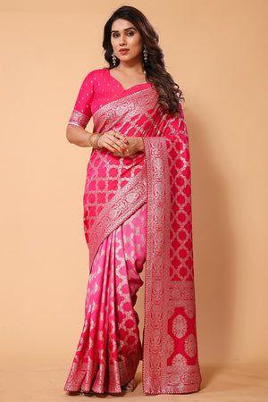 Pink Banarasi Viscose Saree With Blouse Piece