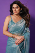 Teal Blue Organza Saree With Blouse Piece