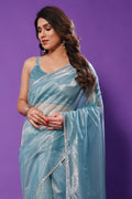 Teal Blue Organza Saree With Blouse Piece