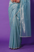 Teal Blue Organza Saree With Blouse Piece