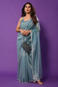 Teal Blue Organza Saree With Blouse Piece