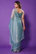 Teal Blue Organza Saree With Blouse Piece