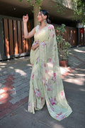Green Georgette Saree with Cream Blouse Piece