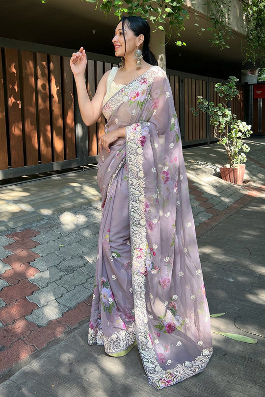 Purple Georgette Saree with Cream Blouse Piece