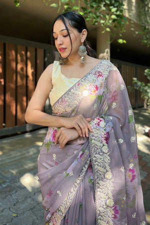 Purple Georgette Saree with Cream Blouse Piece