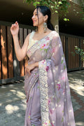 Purple Georgette Saree with Cream Blouse Piece