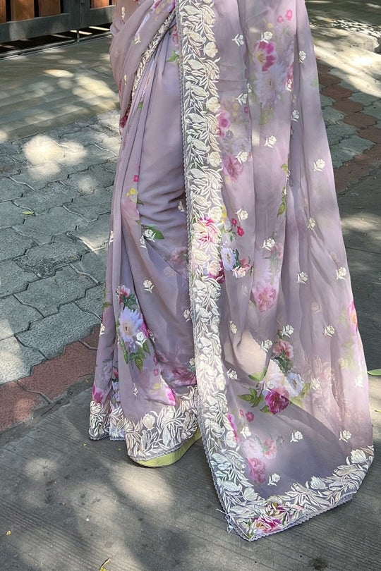 Purple Georgette Saree with Cream Blouse Piece