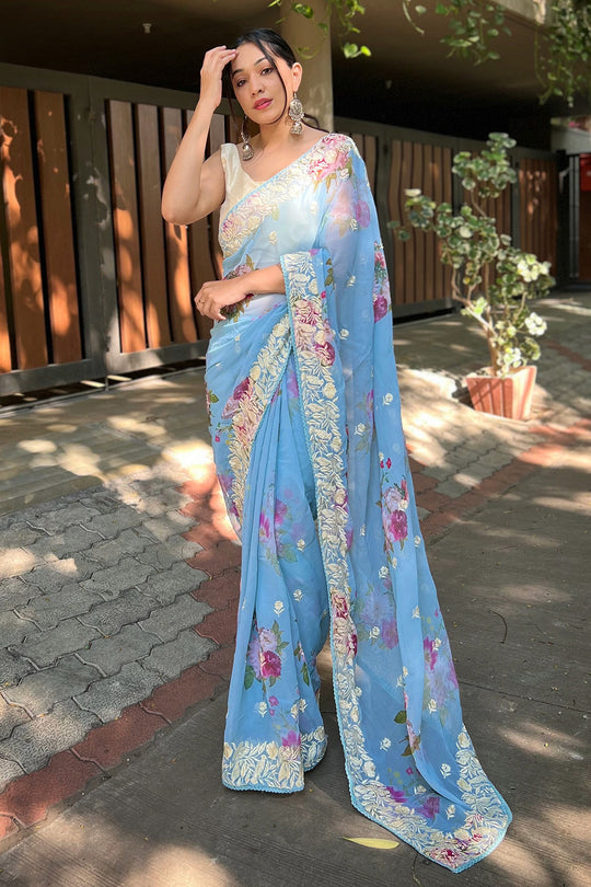Sky Blue Georgette Saree with Cream Blouse Piece