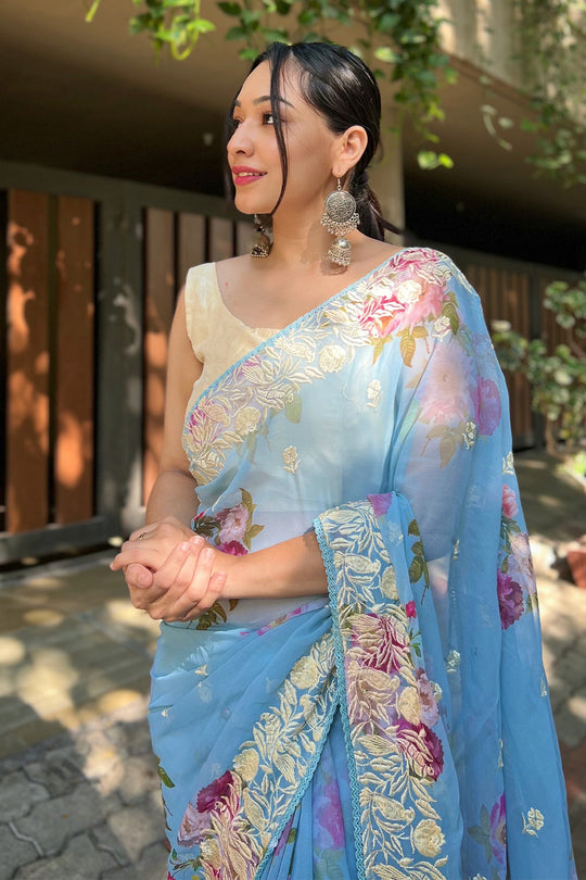 Sky Blue Georgette Saree with Cream Blouse Piece
