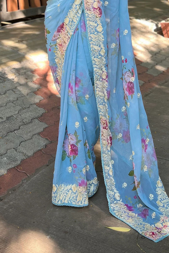 Sky Blue Georgette Saree with Cream Blouse Piece