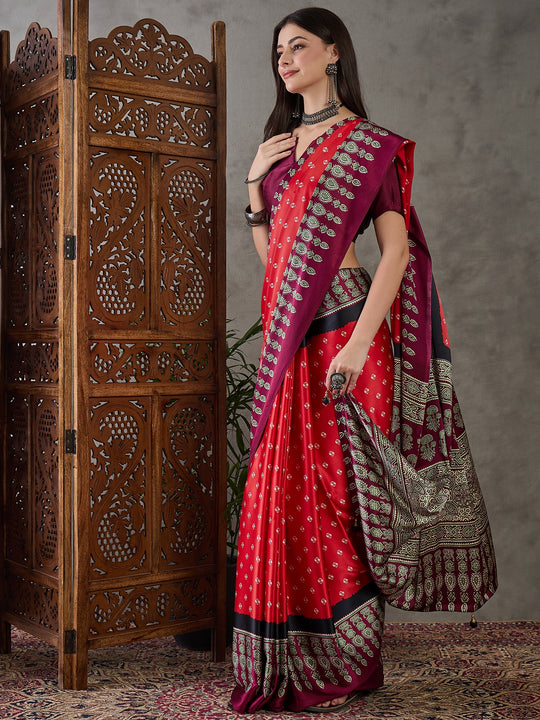 Red Semi Modal Saree With Blouse Piece