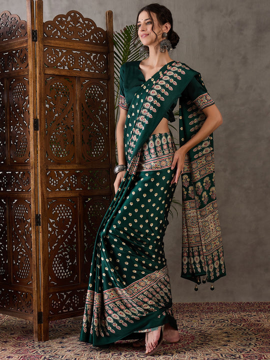 Bottle Green Semi Modal Saree With Blouse Piece