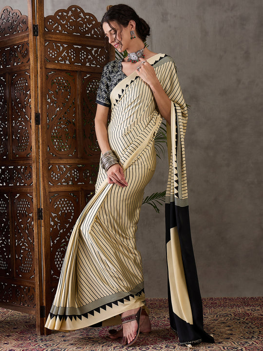 Cream Semi Modal Saree With Blouse Piece