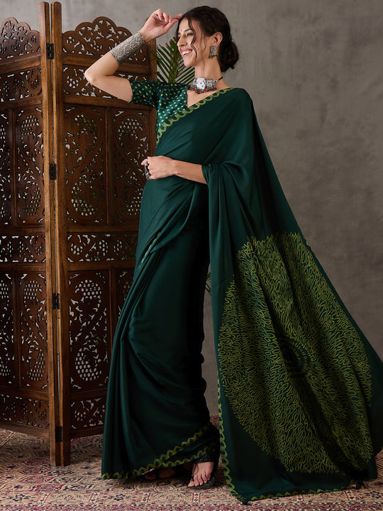 Green Semi Modal Saree With Blouse Piece