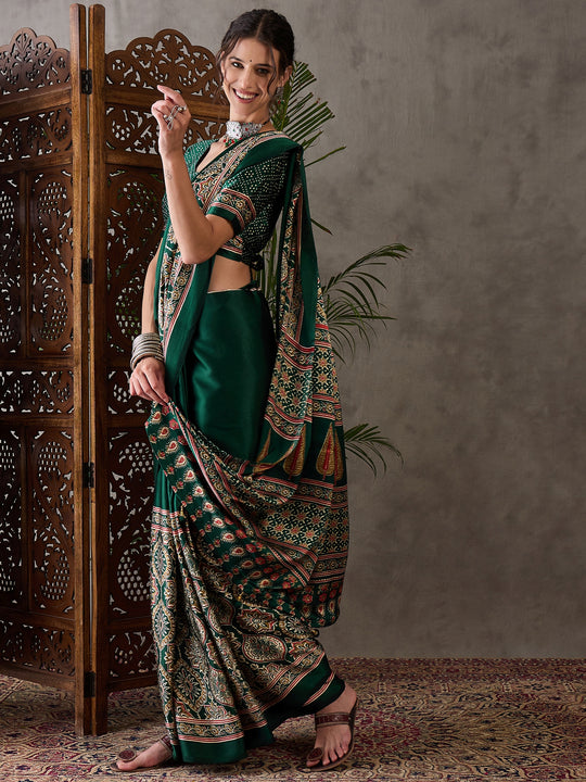 Green Semi Modal Saree With Blouse Piece