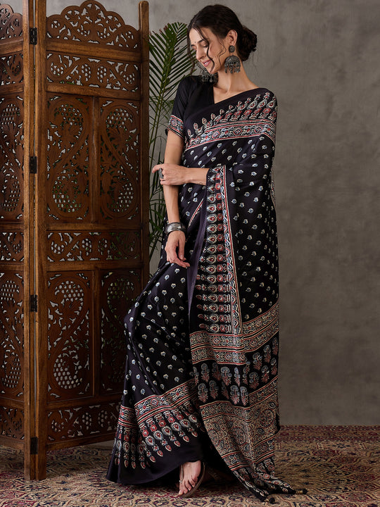 Black Semi Modal Saree With Blouse Piece