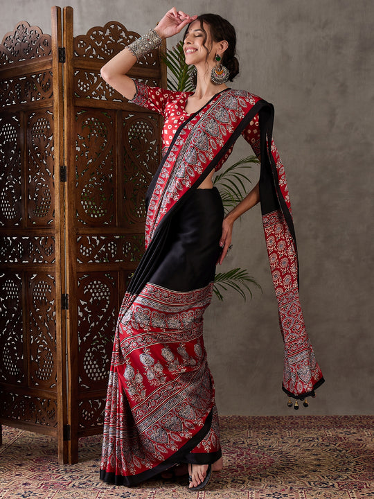 Black Semi Modal Saree With Blouse Piece
