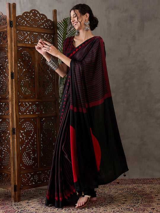 Black Semi Modal Saree With Blouse Piece