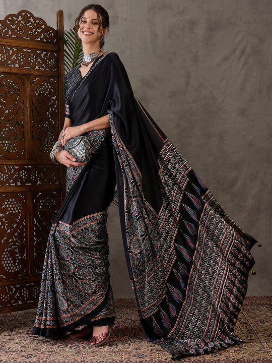 Black Semi Modal Saree With Blouse Piece