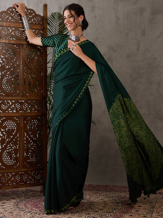 Green Semi Modal Saree With Blouse Piece