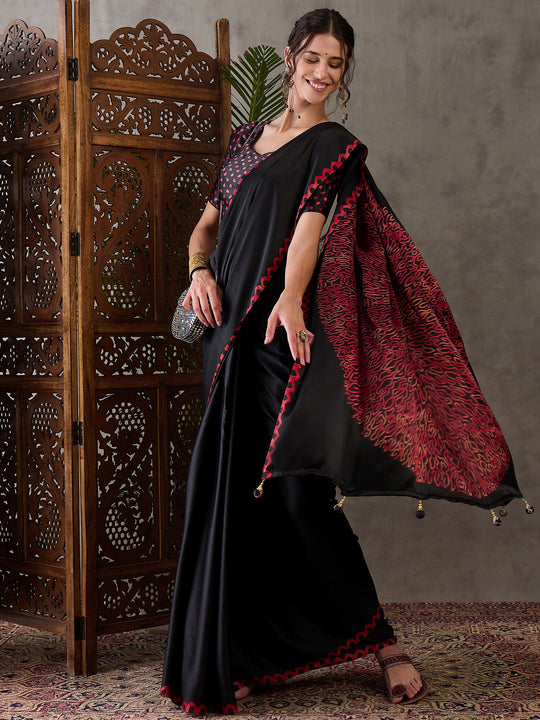 Black Semi Modal Saree With Blouse Piece