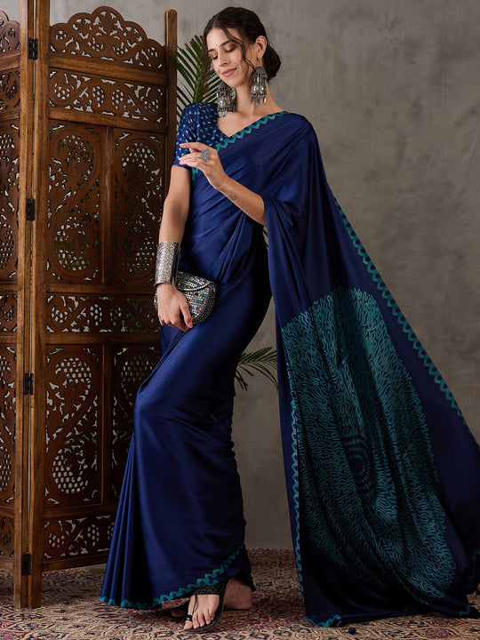 Blue Semi Modal Saree With Blouse Piece