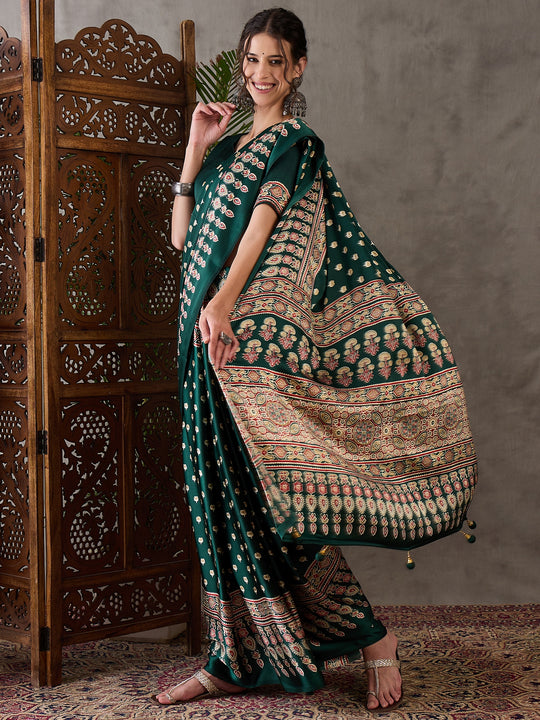Bottle Green Semi Modal Saree With Blouse Piece